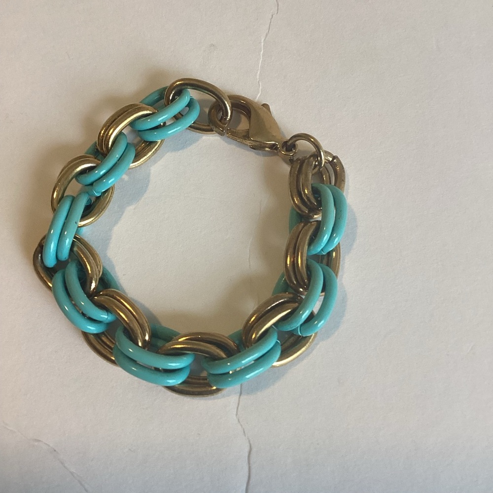 Lee Angel Safina Bracelet Blue Enamel Gold Plated Link Chunky Mixed Media